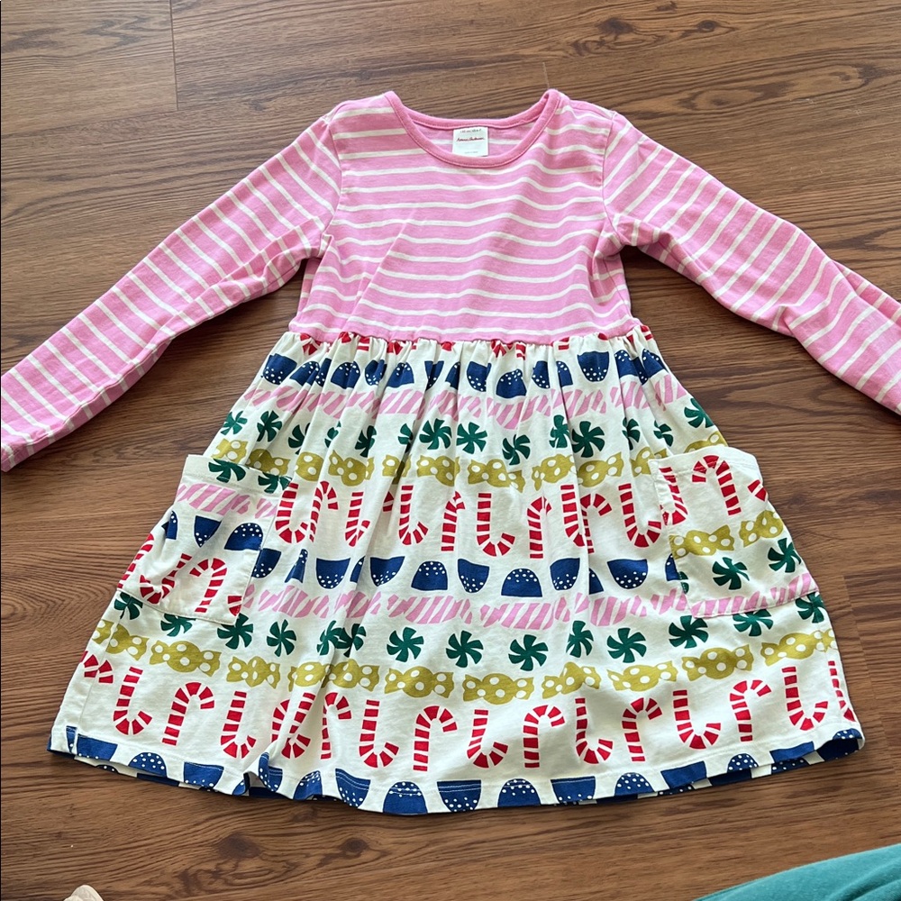 Girls' Pink Stripe Long-Sleeve Dress with Festive Print